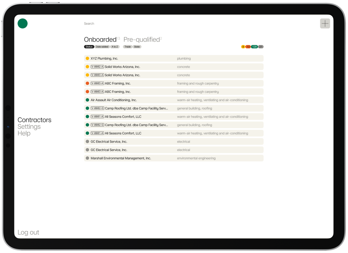 The contractors screen in Area